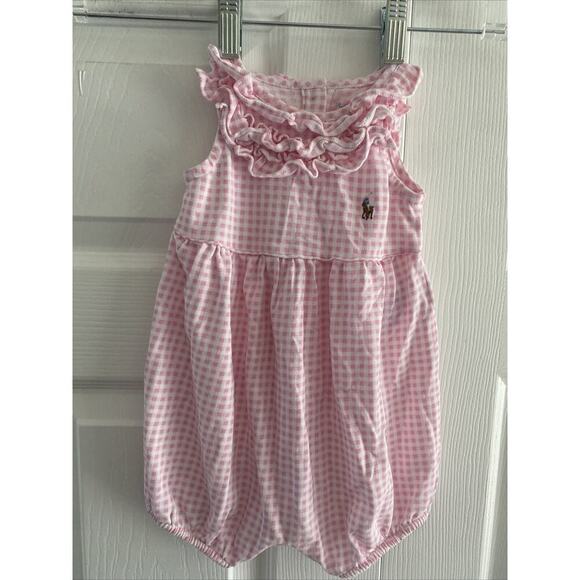 Ralph Lauren Baby 9 Month Pink Gingham Ruffled One Piece Play and Grow Outfit - Picture 1 of 6